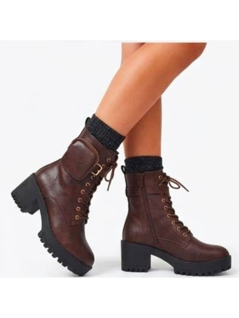 Brown Combat Boots With Chunky Heel & Detachable Side Pouches